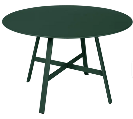 Fermob SO'O oval oak table with a cedar green finish, 117cm diameter, suitable for restaurant or hotel settings.