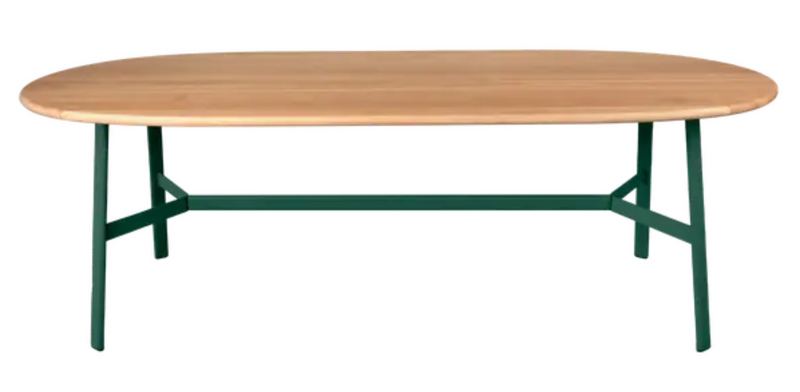Load image into Gallery viewer, Fermob SO'O Oval 220x95 cm oak dining table with 8 seats, solid wood construction in cedar green for stylish dining room decor.
