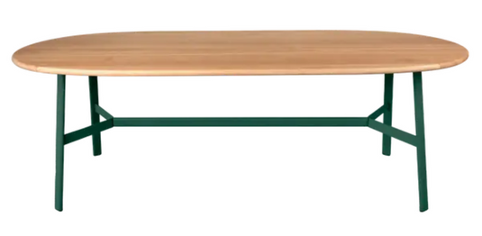 Fermob SO'O Oval 220x95 cm oak dining table with 8 seats, solid wood construction in cedar green for stylish dining room decor.