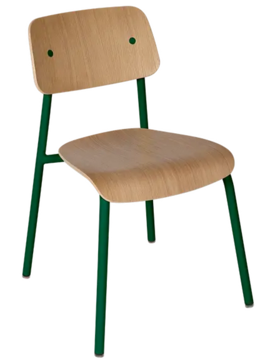 Cedar green Fermob Studie oak chair with wooden legs, suitable for office, restaurant, or home seating.