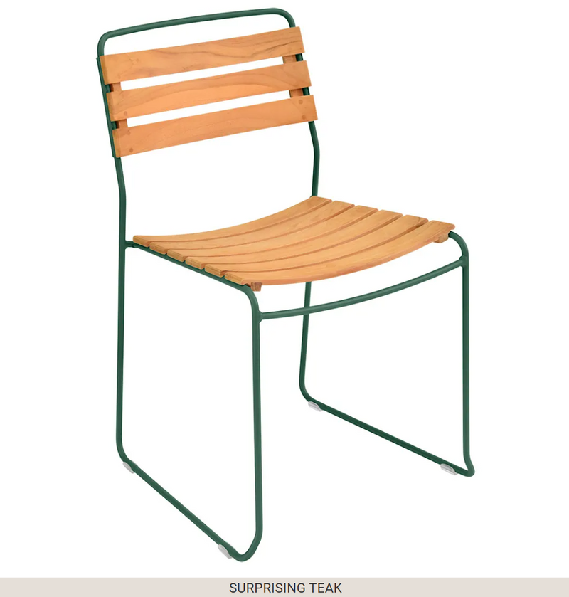 Load image into Gallery viewer, Green Fermob metal outdoor chair featuring a surprising teak wood detail, designed for stylish outdoor seating.
