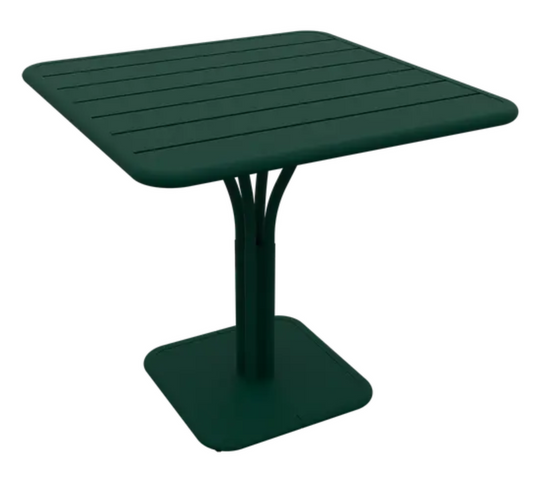 Luxembourg Fermob outdoor cedar green and white pedestal table, 80x80 cm, ideal for garden or patio outdoor dining.