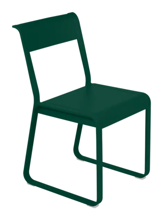 Fermob Bellevie Chair V2 in Cedra Green, a stylish outdoor metal chair with a modern design and curved backrest.