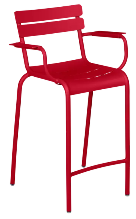 Load image into Gallery viewer, Luxembourg high bar armchair by Fermob with a vibrant red cushion and sleek metal frame, perfect for modern outdoor seating.
