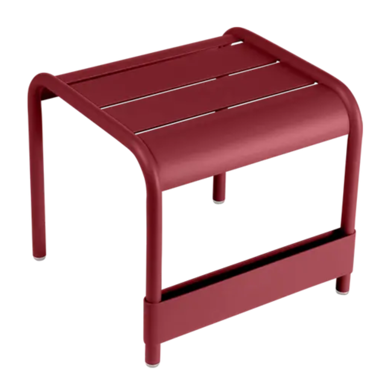 Load image into Gallery viewer, Fermob Luxembourg small low table or footrest with 44x42 cm dimensions in vibrant Chilli color, for indoor or outdoor use.
