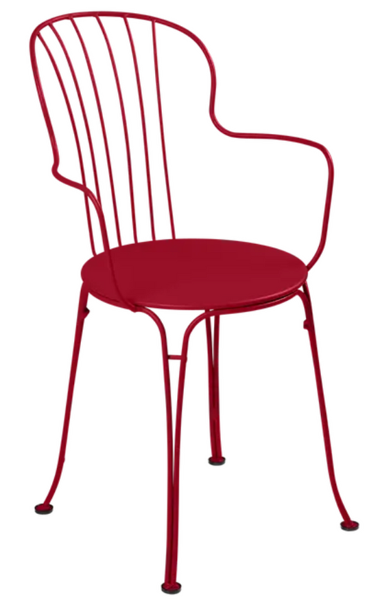 Fermob OPÉRA+ outdoor metal armchair in vibrant chili red, with a sleek, curved design for stylish outdoor seating.
