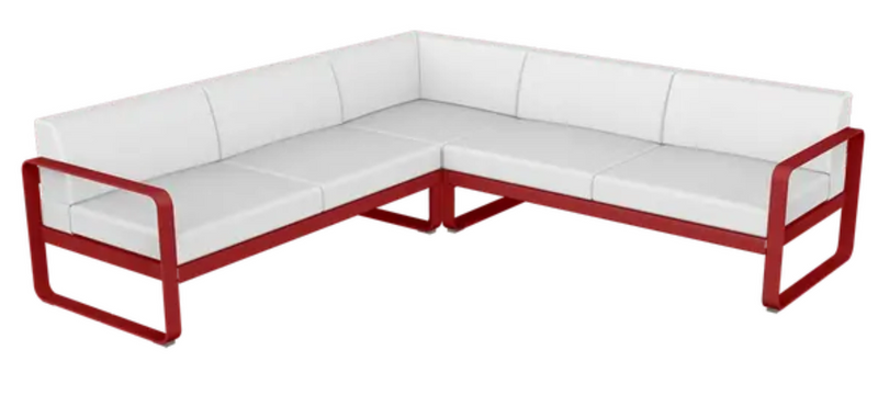 Load image into Gallery viewer, Fermob Bellevie Composition 2 outdoor sofa set with orange, blue, and off-white cushions on a patio.
