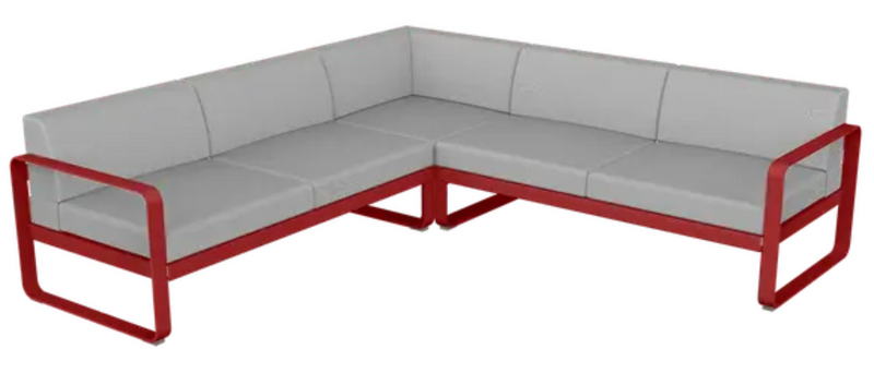 Load image into Gallery viewer, Fermob Bellevie Composition 2 outdoor lounge sofa set with grey and chilli-colored cushions, modular design for outdoor seating.
