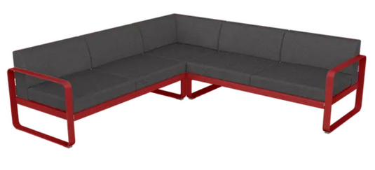 Fermob Bellevie Composition 2 outdoor lounge sofa set with grey and graphite cushions, modular design for outdoor relaxation.