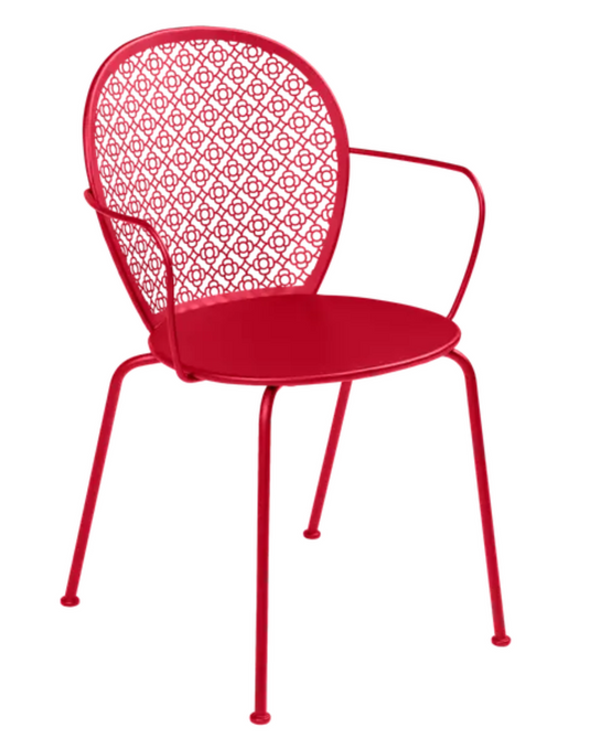 Fermob Lorette outdoor metal armchair in vibrant chili red, featuring a slatted back and armrests for garden or patio use.