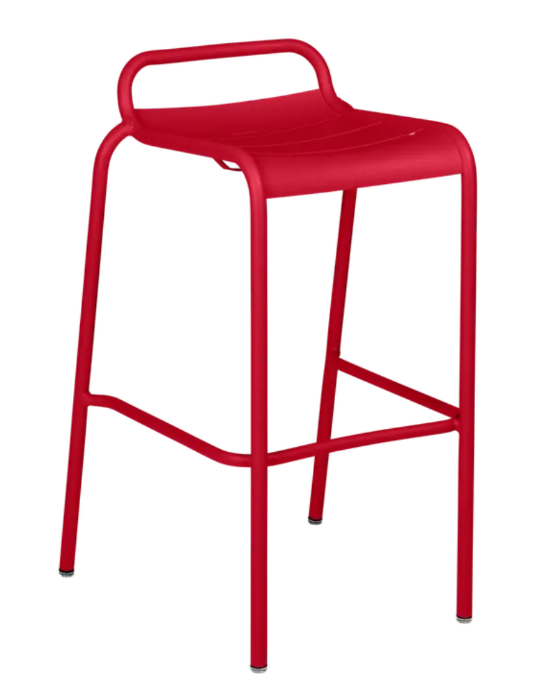 Load image into Gallery viewer, Fermob Luxembourg bar stool outdoor furniture in vibrant chili color, suitable for restaurant or home dining spaces.
