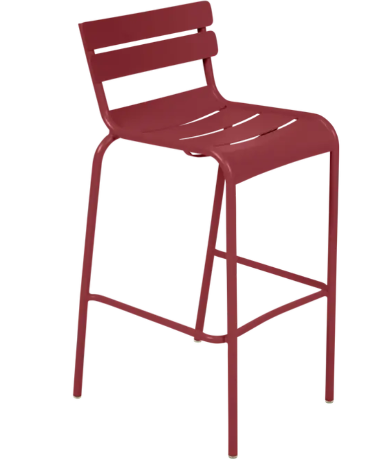 Load image into Gallery viewer, Red Fermob Luxembourg bar armchair with metal frame, featuring a sleek design suitable for pub or bar settings.
