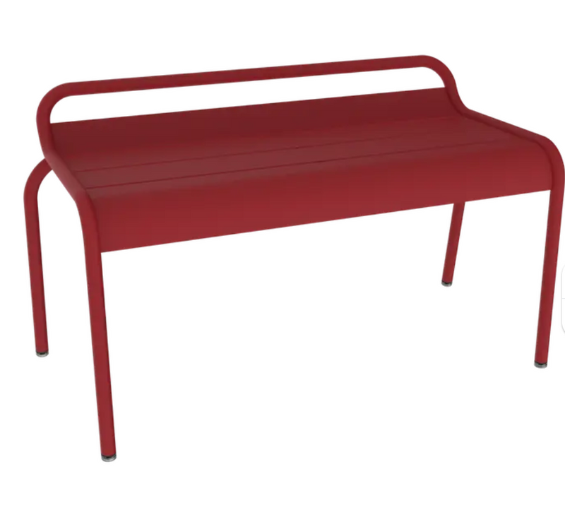 Load image into Gallery viewer, Fermob Luxembourg Stackable Outdoor Bench, 90 cm, metal with red chili finish, shown on hall side with a modern outdoor setting
