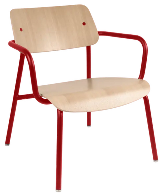 Fermob Studie Oak Lounge Armchair with metal frame and wooden seat, modern office furniture in a vibrant Chilli color.