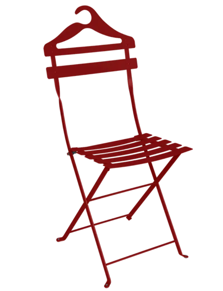 Load image into Gallery viewer, Fermob Bistro Valet Chair, foldable metal chair in vibrant chili red, hanging design for stylish outdoor or indoor seating.
