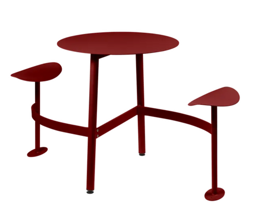 Fermob BOLDER 2-seater modular outdoor round table with integrated seating, featuring a red chili finish and metal construction.
