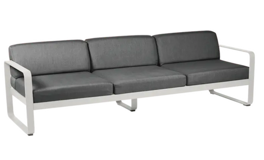Bellevie 3-seater outdoor sofa by Fermob with gray metal frame and plush cushions, suitable for garden or patio seating.