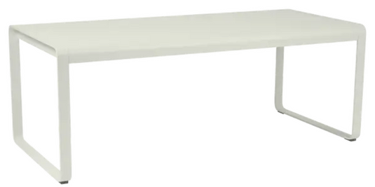 Fermob Bellevie outdoor metal dining table in clay grey, 196x90 cm, eight-seater, suitable for outdoor patio or garden.
