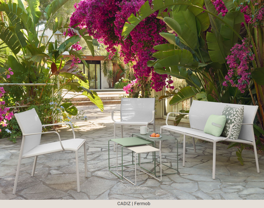 Fermob Cadiz 2-Seater outdoor bench in clay grey aluminum, featuring a sleek design and technical fabric seat for outdoor use