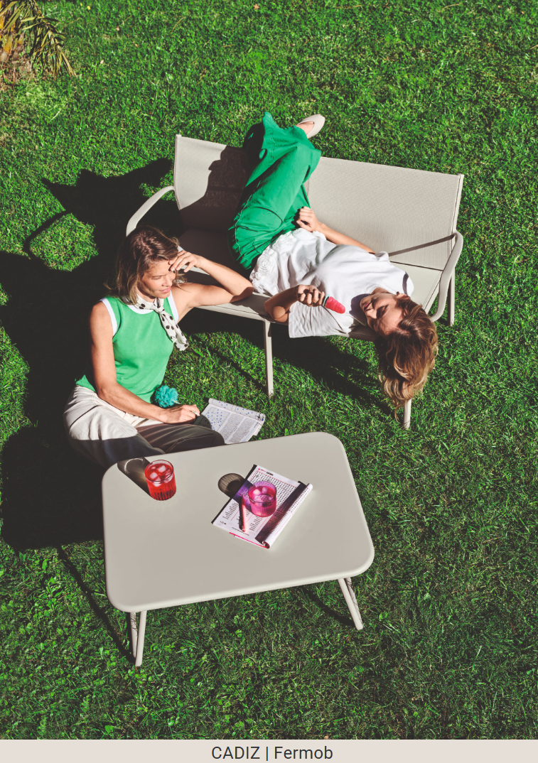 Load image into Gallery viewer, Clay grey Fermob Cadiz 2-seater outdoor aluminum bench with slatted design, ideal for garden or patio seating.
