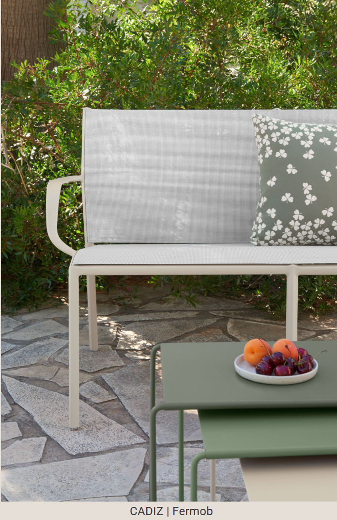 Load image into Gallery viewer, Clay grey Fermob Cadiz 2-seater outdoor aluminum bench with sleek design, suitable for garden or patio seating.
