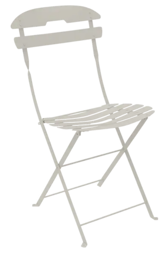 Fermob La Môme Clay Grey folding chair, lightweight and portable outdoor furniture, perfect for patio or garden use.