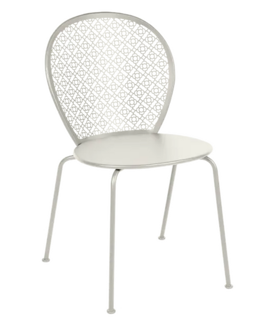 Clay grey Fermob Lorette outdoor metal chair with a curved back and slim legs, suitable for garden or patio seating.