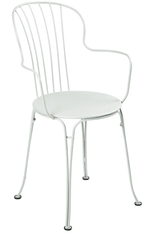 Clay grey Fermob OPÉRA+ outdoor metal armchair with a sleek, modern design suitable for outdoor seating.
