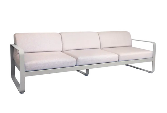 Clay grey Fermob Bellevie 3-seater outdoor sofa with metal frame, designed for stylish outdoor terrace or garden seating.