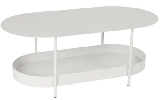 Clay grey Fermob Salsa low table, 113x58cm, showing a sleek, modern outdoor furniture piece with smooth surface and sturdy design.