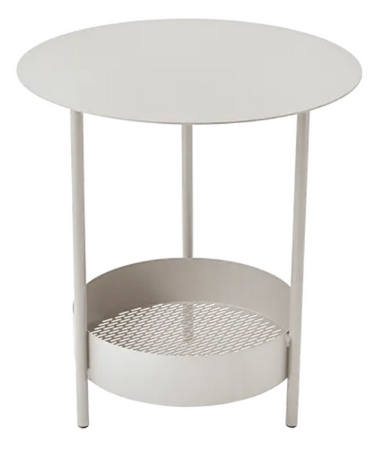 Clay grey Fermob Salsa pedestal side table with round top, outdoor furniture for patio or garden use.