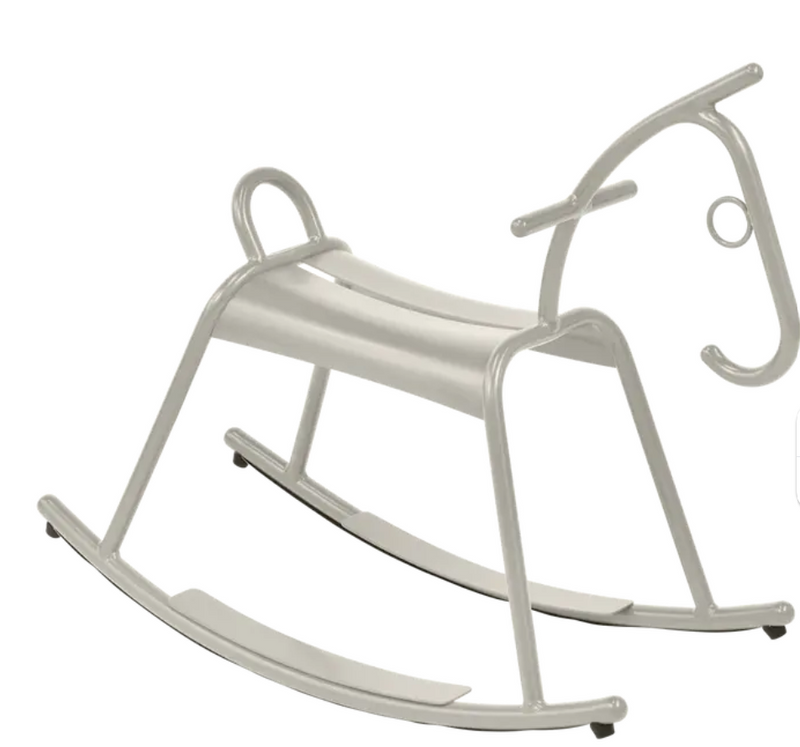 Load image into Gallery viewer, Clay grey and white Fermob ADADA rocking horse, part of kids restaurant furniture, designed for a playful and stylish waiting area.
