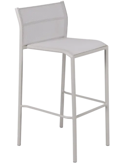 Clay-grey Fermob Cadiz outdoor metal bar chair with a sleek, modern design for stylish outdoor seating.