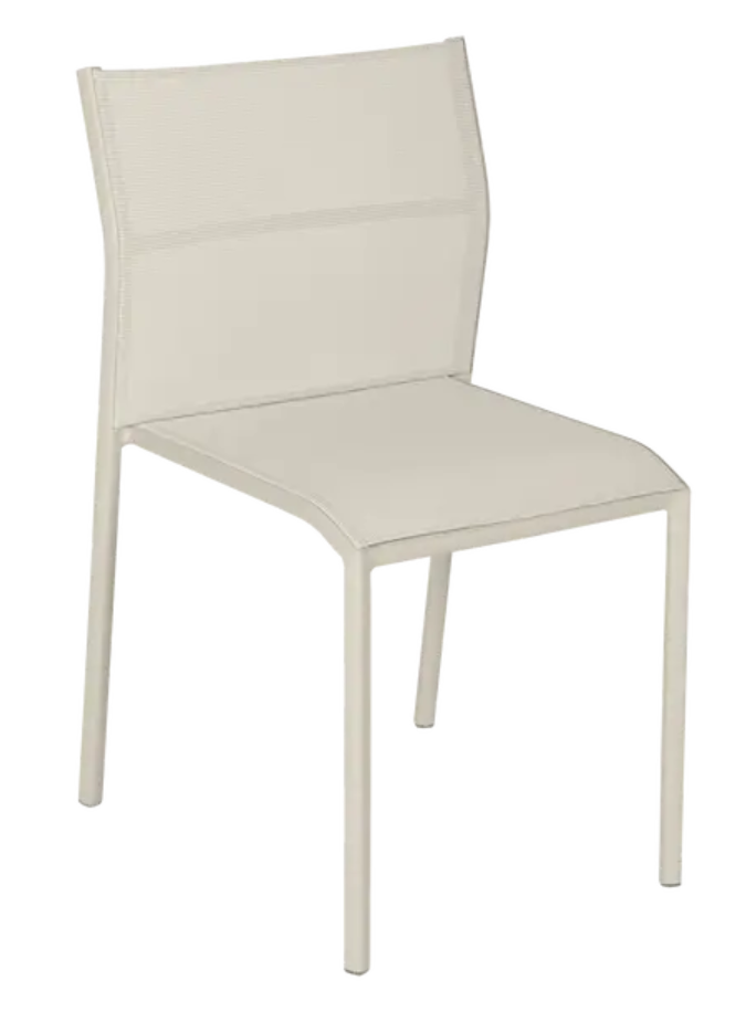 Fermob Cadiz outdoor chair in clay color with a woven seat and armrests, designed for outdoor patio and garden use.