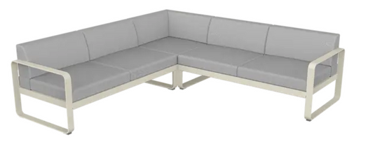 Fermob Bellevie Composition 2 outdoor sofa set in clay gray with plush cushions, designed for stylish outdoor lounging.