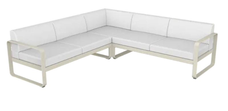 Load image into Gallery viewer, Fermob Bellevie outdoor sofa composition in clay gray, with off-white cushions, part of the modular lounge set for patio or garden.

