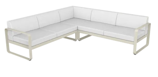 Fermob Bellevie outdoor sofa composition in clay gray, with off-white cushions, part of the modular lounge set for patio or garden.