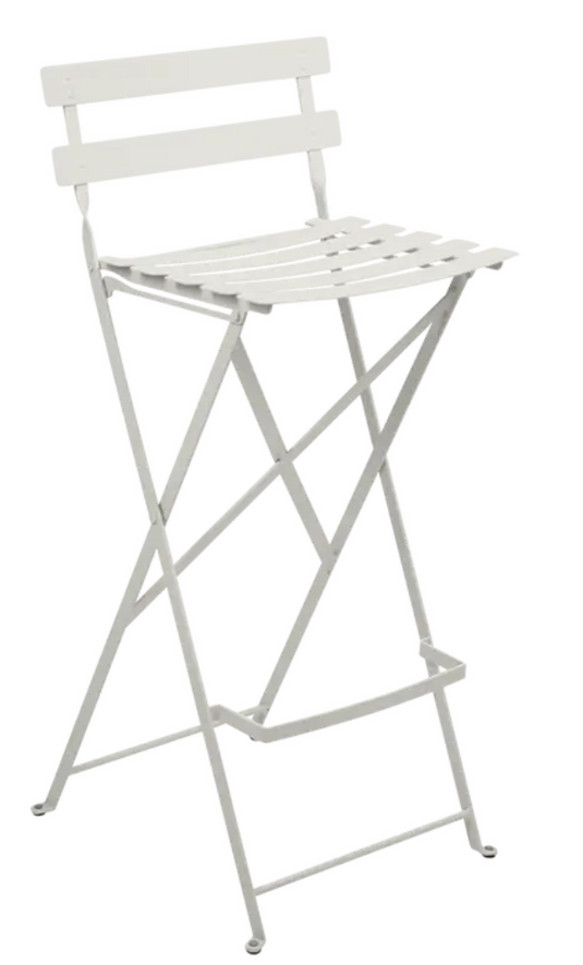 Clay grey Fermob Bistro high bar stool, foldable outdoor furniture with a sleek, modern design and sturdy construction.