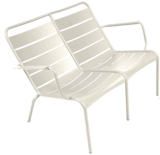 Luxembourg Duo low armchair by Fermob, clay grey Fermb Kids Corner contract bench, modern outdoor furniture for seating.
