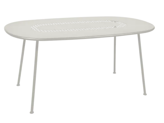 Clay grey Fermob LORETTE oval metal outdoor table, 160x90 cm, designed for outdoor dining and patio use.