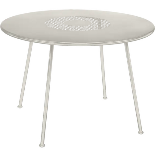 Fermob LORETTE round garden table with 110cm diameter, clay grey metal surface, outdoor, fire-resistant metal furniture.