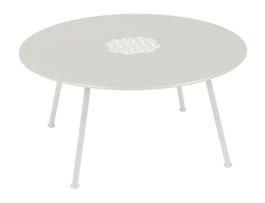 Fermob Lorette low coffee table in clay grey metal with Ø80 cm round surface, outdoor fire-resistant design.