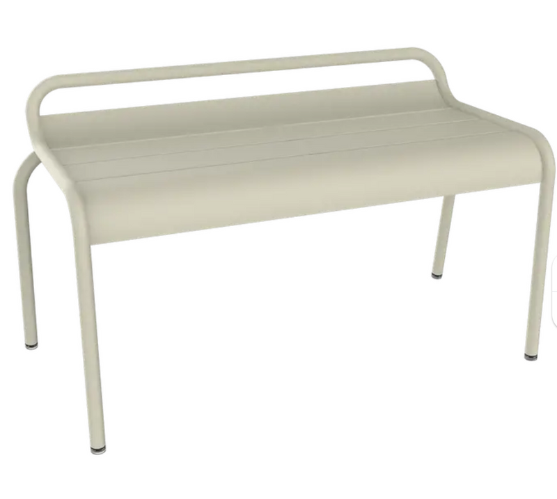 Load image into Gallery viewer, Clay grey Fermob Luxembourg outdoor stackable bench, 90 cm, metal furniture with a sleek, modern design.

