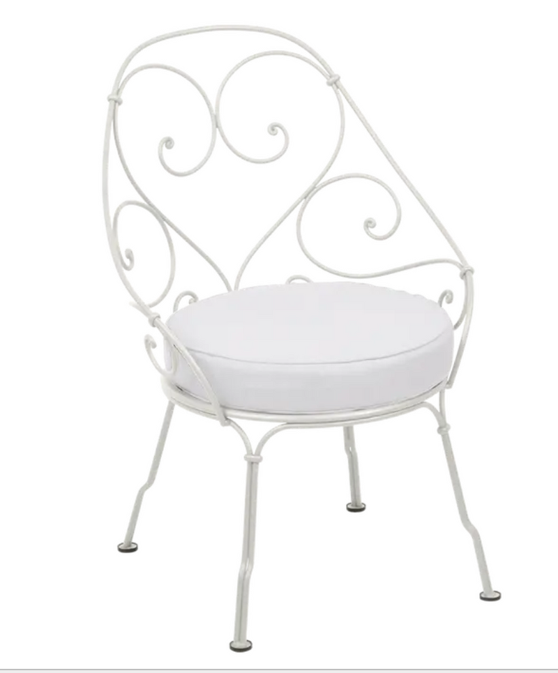 Load image into Gallery viewer, Clay grey Fermob Cabriolet outdoor armchair with off-white fabric seat, metal frame, stylish and weather-resistant furniture.
