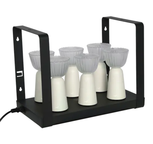 Set of 6 Fermob Swing outdoor lamps in clay grey with rechargeable battery and charging tray, perfect for outdoor lighting.
