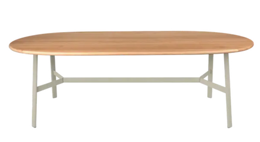 Fermob SO'O oval oak dining table, 220x95 cm, with 8-seater solid wood surface in clay grey for modern dining room decor.