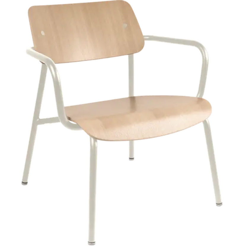 Load image into Gallery viewer, Clay grey Fermob Studie Oak lounge armchair with metal frame, showcasing a stylish, modern office furniture design.
