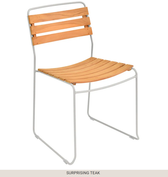 Clay grey Fermob Surprising Teak Chair, outdoor metal chair with sleek design and white accents, suitable for patio or garden use.