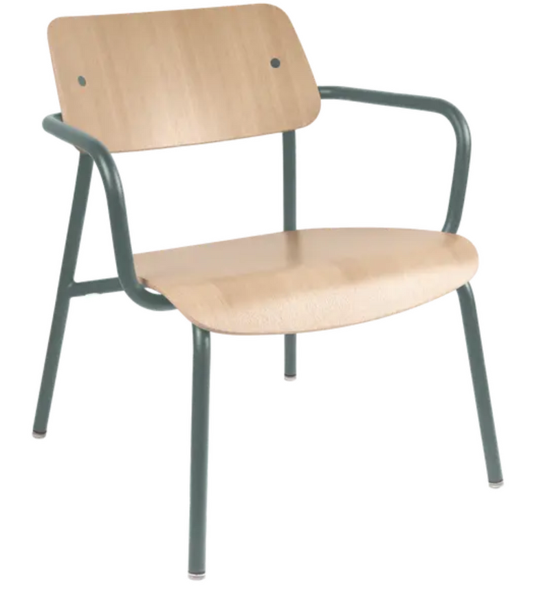 Load image into Gallery viewer, Fermob Studie Oak Lounge Armchair with metal frame and white wooden seat, modern office furniture design.

