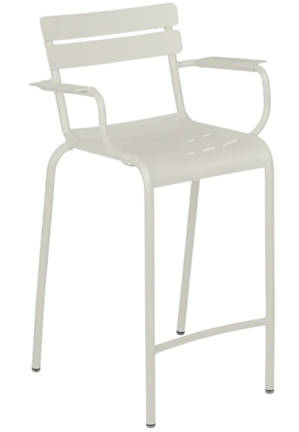 Load image into Gallery viewer, Fermob Luxembourg high armchair bar chair in Cley Grey with high armrests, modern design, and sturdy metal frame.

